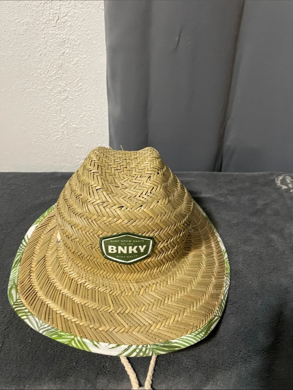 BNKV Natural Straw Kids Sun Hat with Green Leaf Trim